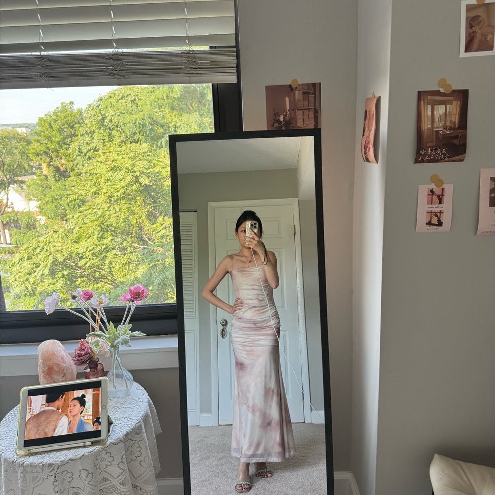 Elegant Pink and White Strapless Maxi Dress